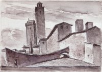 San Gimignano, Durchdrückzeichnung und Aquarell