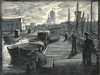 Am Hafen von Stralsund, Holzschnitt, Handdruck von zwei Platten, 1935